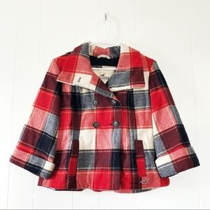 Hollister Red Blue Plaid Cropped Peacoat Jacket